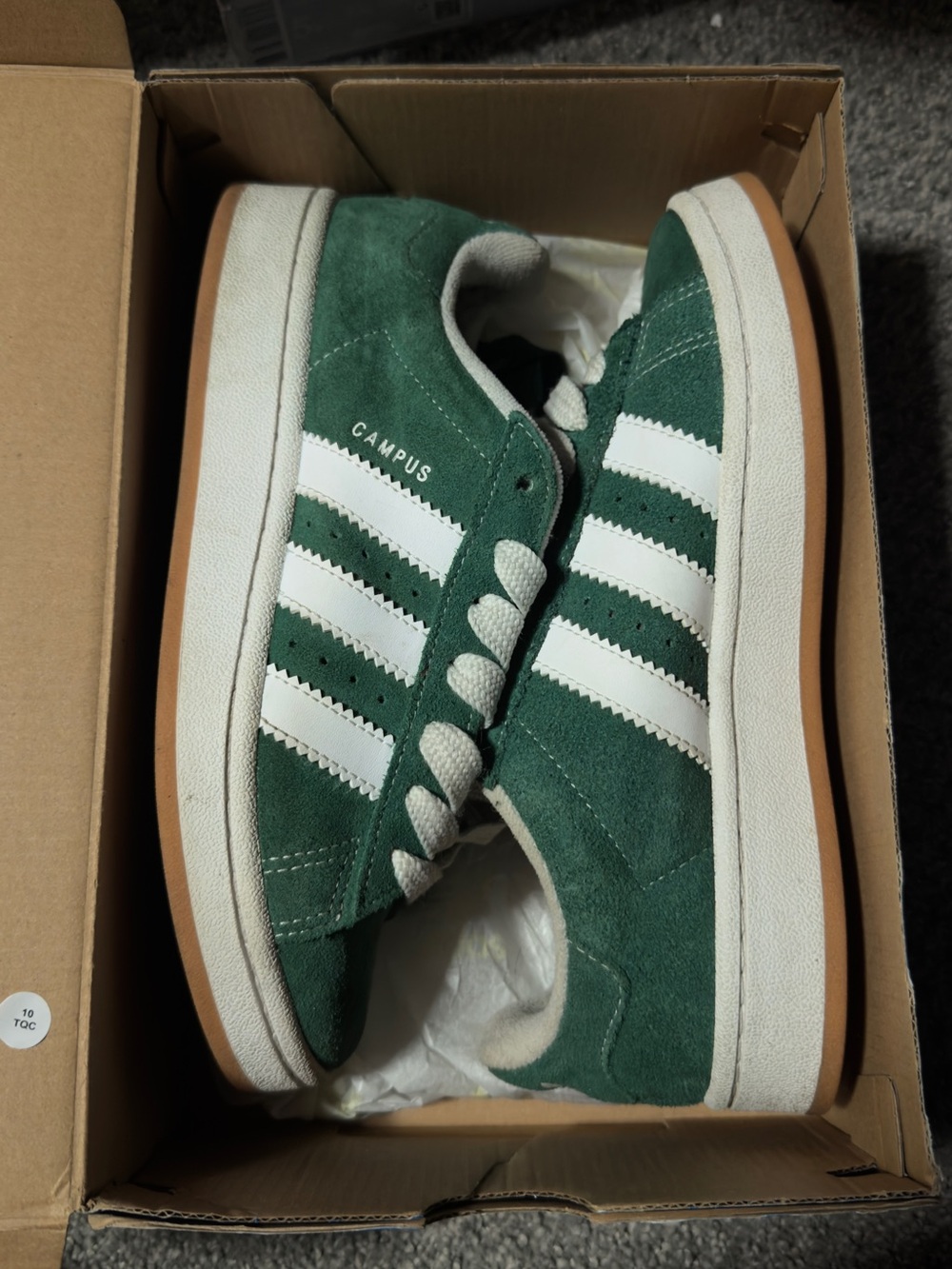 adidas Green Suede Campus Sneakers with White Stripes and Gum Sole